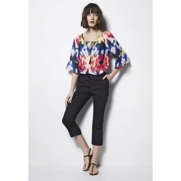 MILLY for Designation Tie Front Ruffled Bell Sleeve Chiffon Tie Dye Top Large - Picture 3 of 8